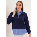 Kadın Çizgili Gömlek Yakalı Fermuar Detaylı Sweatshirt