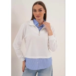 Kadın Çizgili Gömlek Yakalı Fermuar Detaylı Ekru Sweatshirt