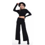 Kadın Triko Siyah Örme Pantolonlu Crop İkili Takım