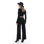 Kadın Triko Siyah Örme Pantolonlu Crop İkili Takım - Görsel 2